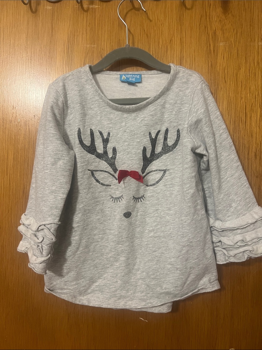 Gray Long Sleeve Reindeer Top with Red Bow